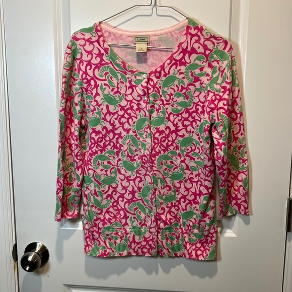 L.L. Bean Sweaters - LL Bean Lobster Crab Print Cardigan Sweater Pink Green Cotton Size‎ M Coastal